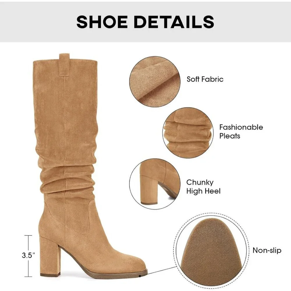 Women's Camel Tall Chunky High Heel Side Zipper Party With Knee High Boots